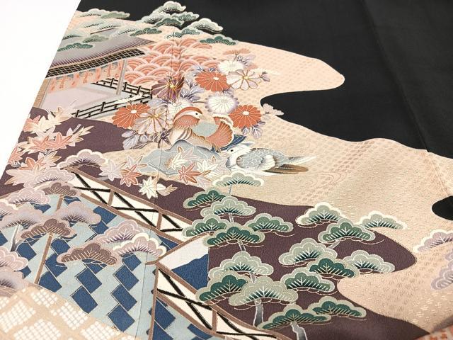 平和屋着物■豪華黒留袖 駒刺繍 鴛鴦風景松文 金彩 正絹 逸品 CABJ8047xe