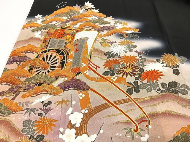 平和屋着物■豪華黒留袖 作家物 駒刺繍 御所車花文 暈し染め 金彩 正絹 逸品 CABJ8053xe