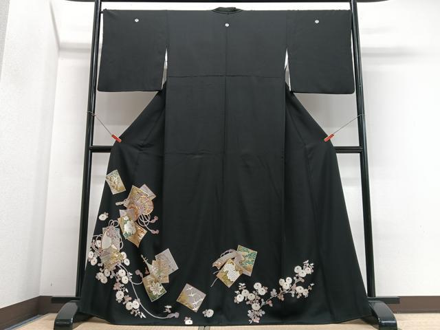 平和屋着物■豪華黒留袖 駒刺繍 色紙花車文 金彩 正絹 逸品 CABJ8076xe
