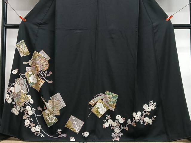 平和屋着物■豪華黒留袖 駒刺繍 色紙花車文 金彩 正絹 逸品 CABJ8076xe