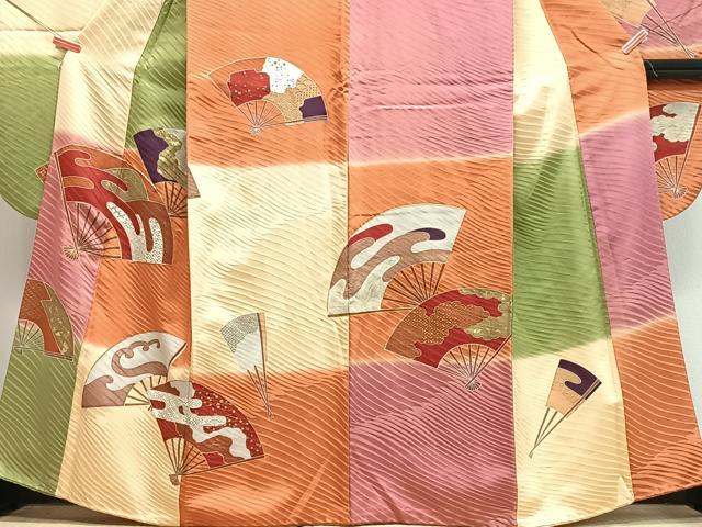 平和屋着物■豪華振袖 駒刺繍 扇文 暈し染め 金彩 正絹 逸品 CABJ8112xe