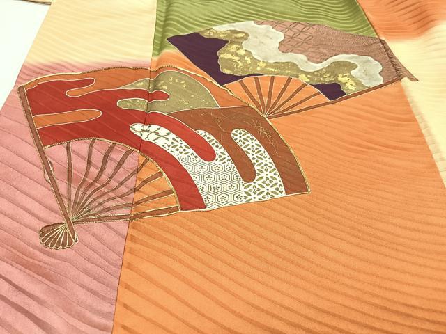平和屋着物■豪華振袖 駒刺繍 扇文 暈し染め 金彩 正絹 逸品 CABJ8112xe
