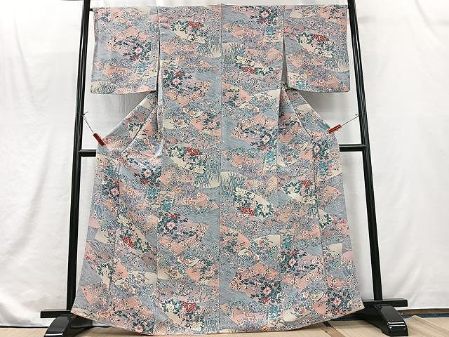 平和屋着物■上質な小紋 地紙草花文 鬼しぼ縮緬 金彩 正絹 逸品 CABJ8288xe