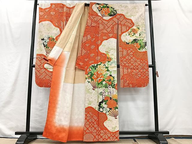 平和屋着物■豪華振袖 駒刺繍 絞り 扇面草花文 金彩 正絹 逸品 CABJ8289xe