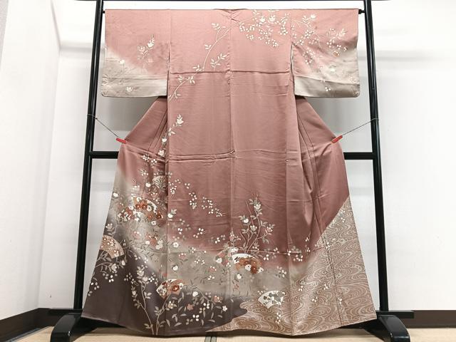 平和屋着物■訪問着 駒刺繍 流水地紙枝花文 暈し染め 金彩 正絹 逸品 CABJ8367xe