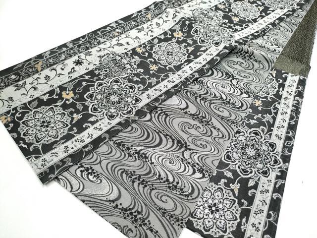 平和屋着物●六通柄袋帯 向かい鳥正倉院花文 黒地 銀糸 正絹 逸品 CABJ8416hy