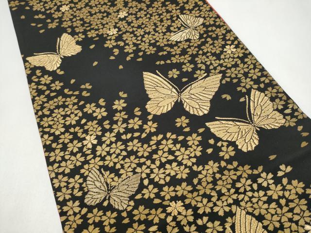 平和屋着物●染色作家 斉藤三才 六通柄袋帯 舞蝶桜文 黒地 金糸 正絹 逸品 CABJ8434hy