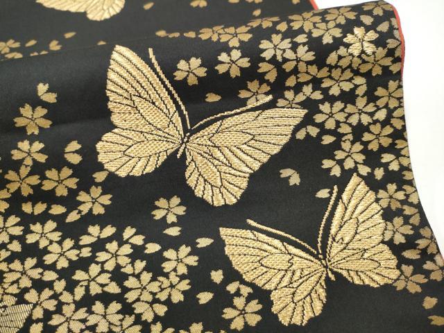 平和屋着物●染色作家 斉藤三才 六通柄袋帯 舞蝶桜文 黒地 金糸 正絹 逸品 CABJ8434hy