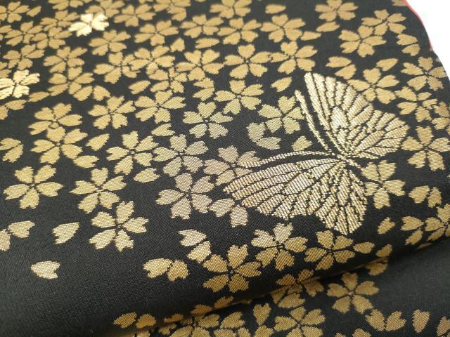 平和屋着物●染色作家 斉藤三才 六通柄袋帯 舞蝶桜文 黒地 金糸 正絹 逸品 CABJ8434hy