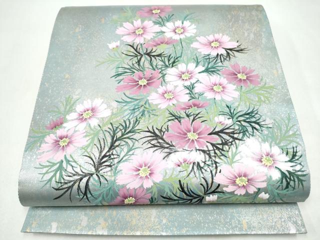 平和屋着物●巨匠 前田華清 手描き 太鼓柄袋帯 草花文 引箔 正絹 逸品 CABJ8478hy