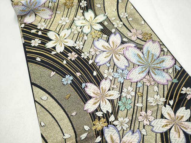 平和屋着物●六通柄袋帯 唐織 舞桜文 黒地 金糸 正絹 逸品 CABJ8486hy