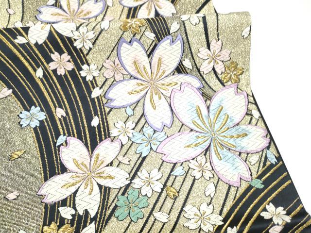 平和屋着物●六通柄袋帯 唐織 舞桜文 黒地 金糸 正絹 逸品 CABJ8486hy
