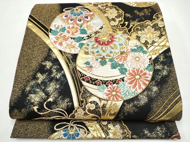 平和屋着物●六通柄袋帯 花浪漫 黒地 金銀糸 正絹 逸品 CABJ8497hy