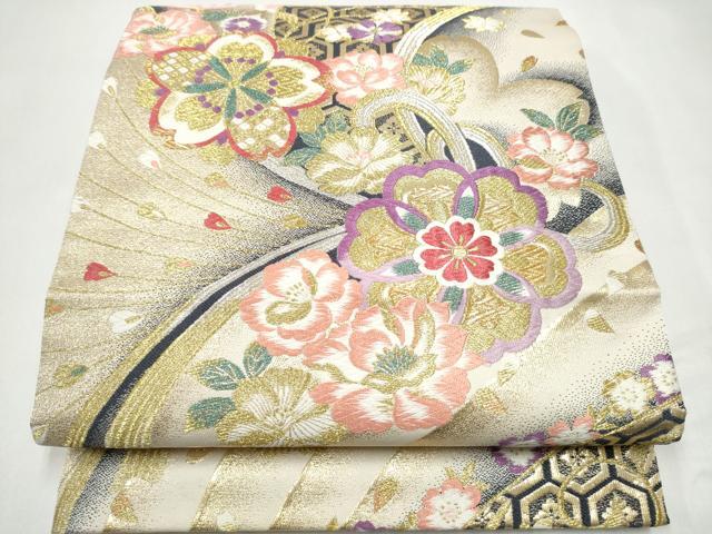 平和屋着物▽六通柄袋帯 吉祥花鳥文 黒地 金銀糸 正絹 逸品 AABE9930wj