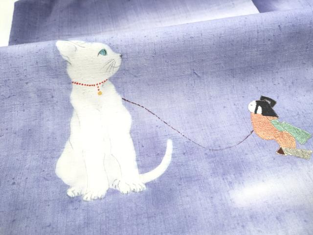 平和屋着物●九寸名古屋帯 手描き 紬地 猫 金彩 正絹 逸品 CABJ8538hy
