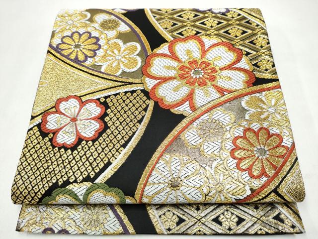 平和屋着物●六通柄袋帯 唐織 舞華文 黒地 金糸 正絹 逸品 CABJ8557hy