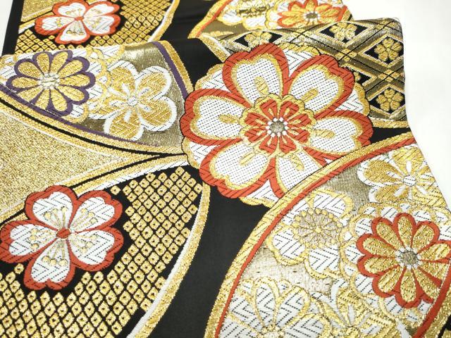 平和屋着物●六通柄袋帯 唐織 舞華文 黒地 金糸 正絹 逸品 CABJ8557hy