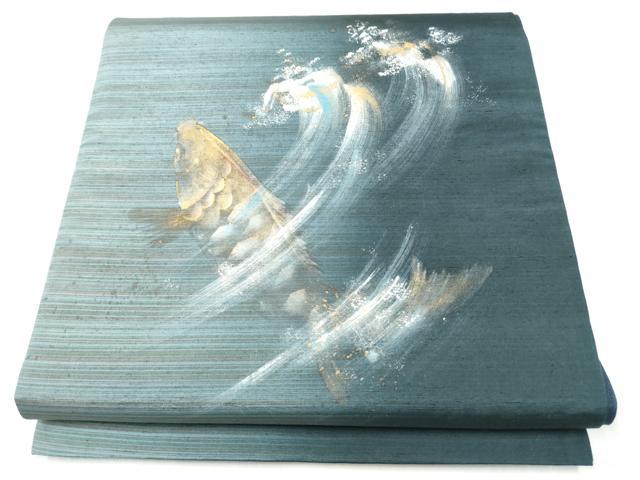平和屋着物●太鼓柄袋帯 手描き 紬地 鯉 金彩 正絹 逸品 CABJ8574hy