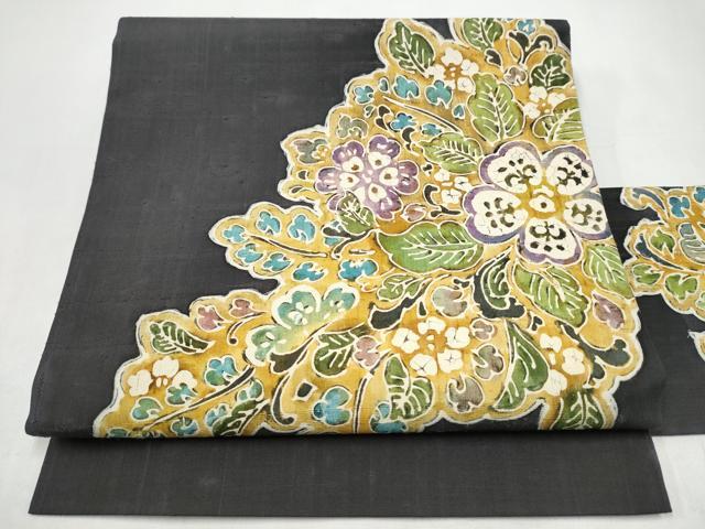 平和屋着物●九寸名古屋帯 紬地 ろうけつ染 舞花文 正絹 逸品 CABJ8618hy