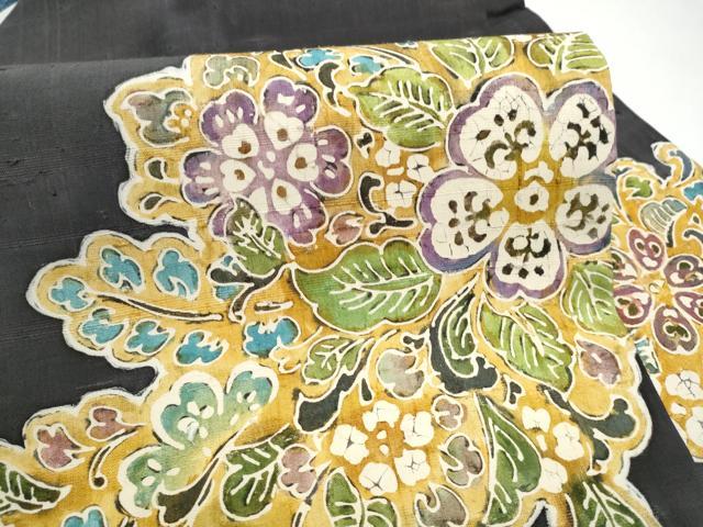 平和屋着物●九寸名古屋帯 紬地 ろうけつ染 舞花文 正絹 逸品 CABJ8618hy