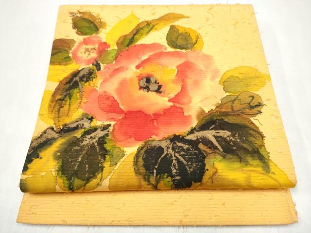 平和屋着物●九寸開き名古屋帯 髭紬 ろうけつ染 牡丹 金彩 正絹 逸品 CABJ8619hy