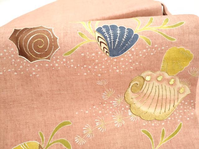 平和屋着物●九寸名古屋帯 紬地 刺繍 貝 舞花文 金彩 正絹 逸品 CABJ8621hy