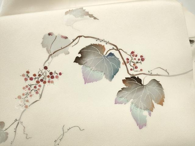平和屋着物●塩瀬 九寸名古屋帯 友禅 作家物 葡萄蔦の葉文 正絹 逸品 CABJ8631hy
