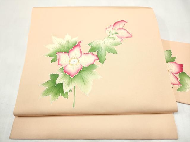 平和屋着物●塩瀬 九寸名古屋帯 手描き 枝花文 正絹 逸品 CABJ8635hy