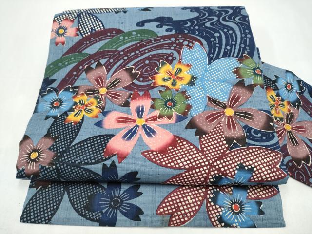 平和屋着物●本場琉球紅型 九寸名古屋帯 紬地 流水舞桜文 正絹 逸品 CABJ8646hy