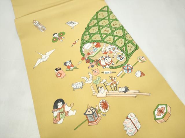 平和屋着物●塩瀬 九寸名古屋帯 手描き 玩具文 金彩 正絹 逸品 CABJ8648hy
