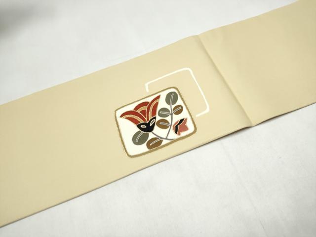 平和屋着物●塩瀬 九寸名古屋帯 駒刺繍 色紙枝花文 金彩 正絹 逸品 CABJ8651hy
