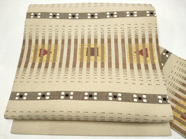 平和屋着物●九寸名古屋帯 花織 幾何学文様 正絹 逸品 CABJ8653hy