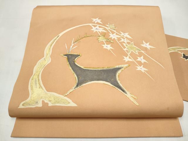 平和屋着物●塩瀬 九寸名古屋帯 駒刺繍 鹿 枝葉文 金彩 正絹 逸品 CABJ8665hy