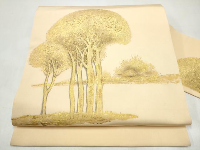平和屋着物●塩瀬 九寸名古屋帯 枝松文 金彩 正絹 逸品 CABJ8666hy