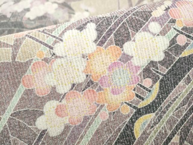 平和屋着物●両面 全通柄袋帯 作家物 笹梅文 銀通し地 正絹 逸品 CABJ8706hy