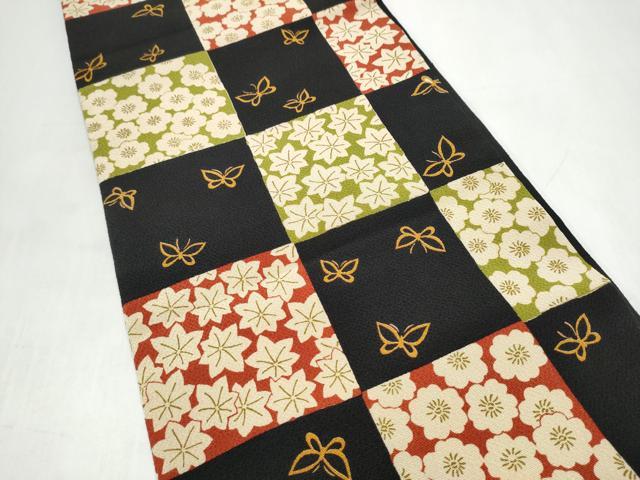 平和屋着物●六通柄袋帯 市松花蝶文 黒地 鬼しぼ縮緬 正絹 逸品 CABJ8723hy