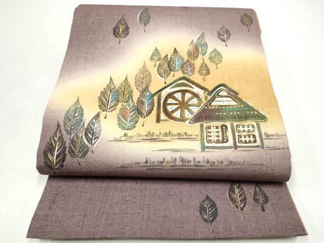 平和屋着物●太鼓柄袋帯 作家物 風景文 紬地 風景文 金彩 正絹 逸品 CABJ8727hy