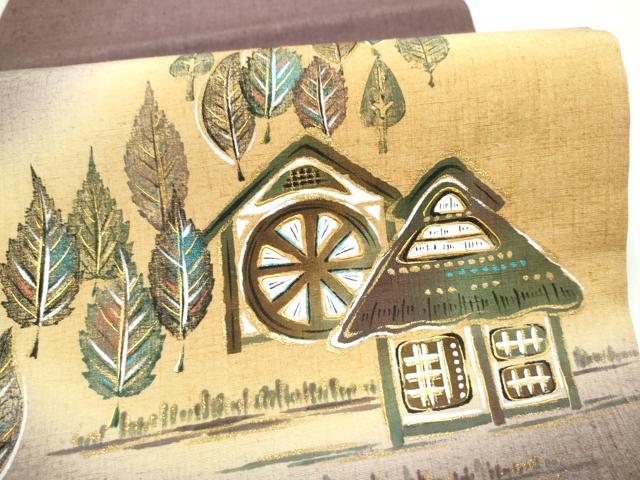 平和屋着物●太鼓柄袋帯 作家物 風景文 紬地 風景文 金彩 正絹 逸品 CABJ8727hy