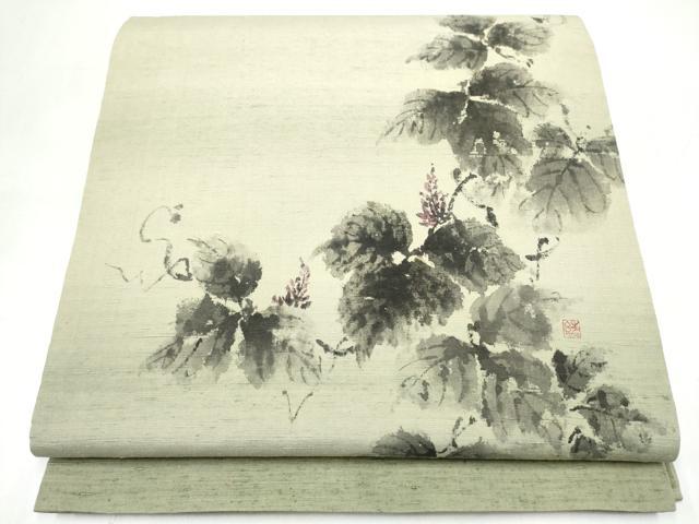 平和屋着物●太鼓柄袋帯 作家物 手描き 紬地 葡萄蔦の葉文 正絹 逸品 CABJ8730hy