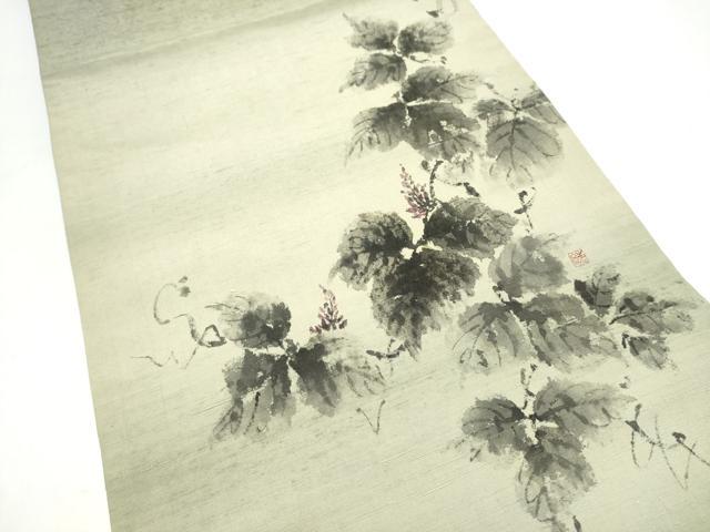 平和屋着物●太鼓柄袋帯 作家物 手描き 紬地 葡萄蔦の葉文 正絹 逸品 CABJ8730hy