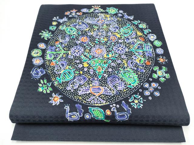 平和屋着物●両面 太鼓柄袋帯 ろうけつ染 花鳥文 正絹 逸品 CABJ8735hy
