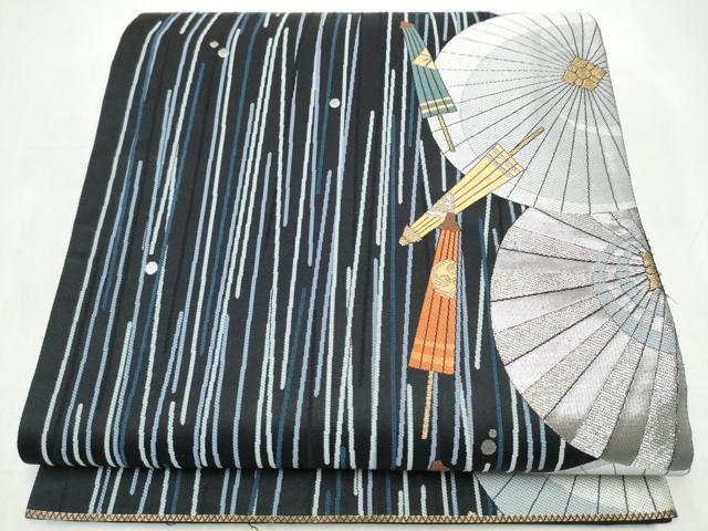 平和屋着物●六通柄袋帯 唐織 末広がり蛇の目傘 黒地 金銀糸 正絹 逸品 CABJ8748hy