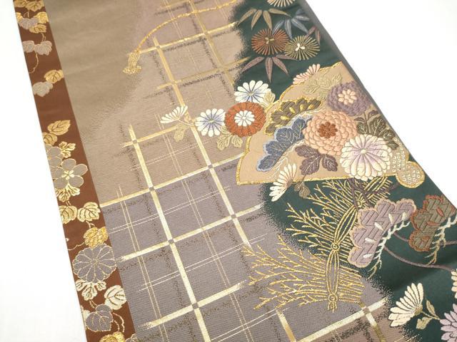 平和屋着物●六通柄袋帯 唐織 扇面草花文 金糸 正絹 逸品 CABJ8777hy