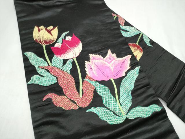 平和屋着物●アンティーク 大正ロマン 九寸名古屋帯 総手刺繍 草花文 黒地 正絹 逸品 CABJ8790hy