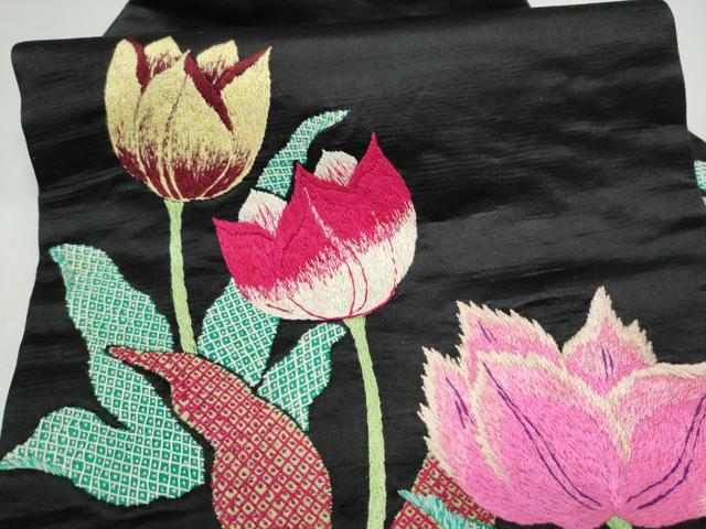 平和屋着物●アンティーク 大正ロマン 九寸名古屋帯 総手刺繍 草花文 黒地 正絹 逸品 CABJ8790hy