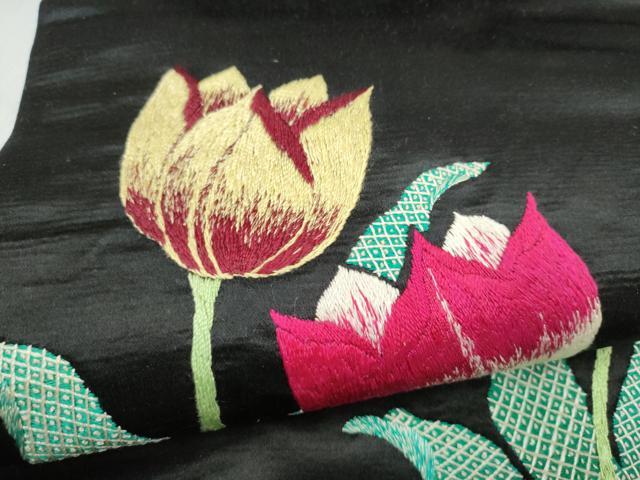 平和屋着物●アンティーク 大正ロマン 九寸名古屋帯 総手刺繍 草花文 黒地 正絹 逸品 CABJ8790hy