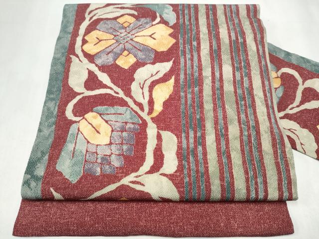 平和屋着物●全通柄 九寸名古屋帯 花唐草文 鬼しぼ縮緬 正絹 逸品 CABJ8791hy