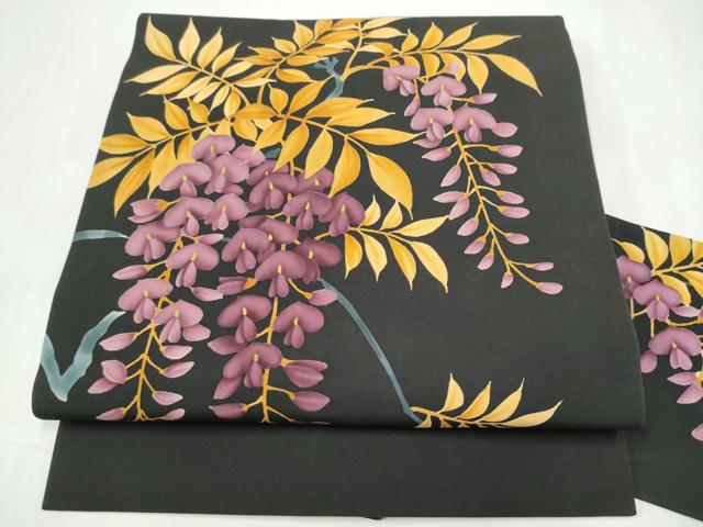 平和屋着物●塩瀬 九寸名古屋帯 作家物 ろうけつ染 藤花房 黒地 正絹 逸品 CABJ8795hy