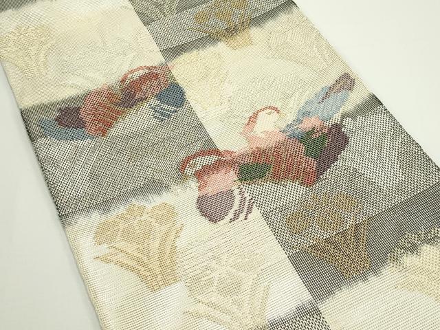 平和屋着物*夏物 太鼓柄袋帯 市松鴛鴦花文 金銀糸 正絹 逸品 CABJ8851rv