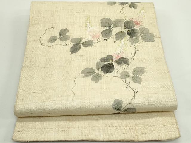 平和屋着物*夏物 染色作家 桐山紫香 手描き 九寸開き名古屋帯 花倉織 草花文 金彩 麻 逸品 CABJ8987rv